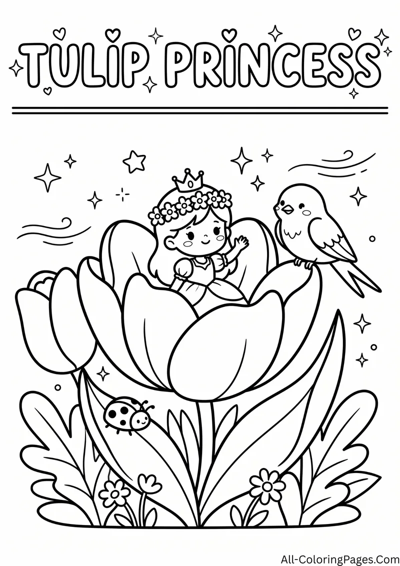 Tiny princess with a flower crown sitting inside a large tulip with a bird and a ladybug, with the title Tulip Princess