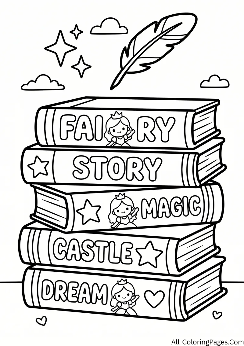 Stack of five storybooks labeled Fairy, Story, Magic, Castle and Dream with a feather quill on top