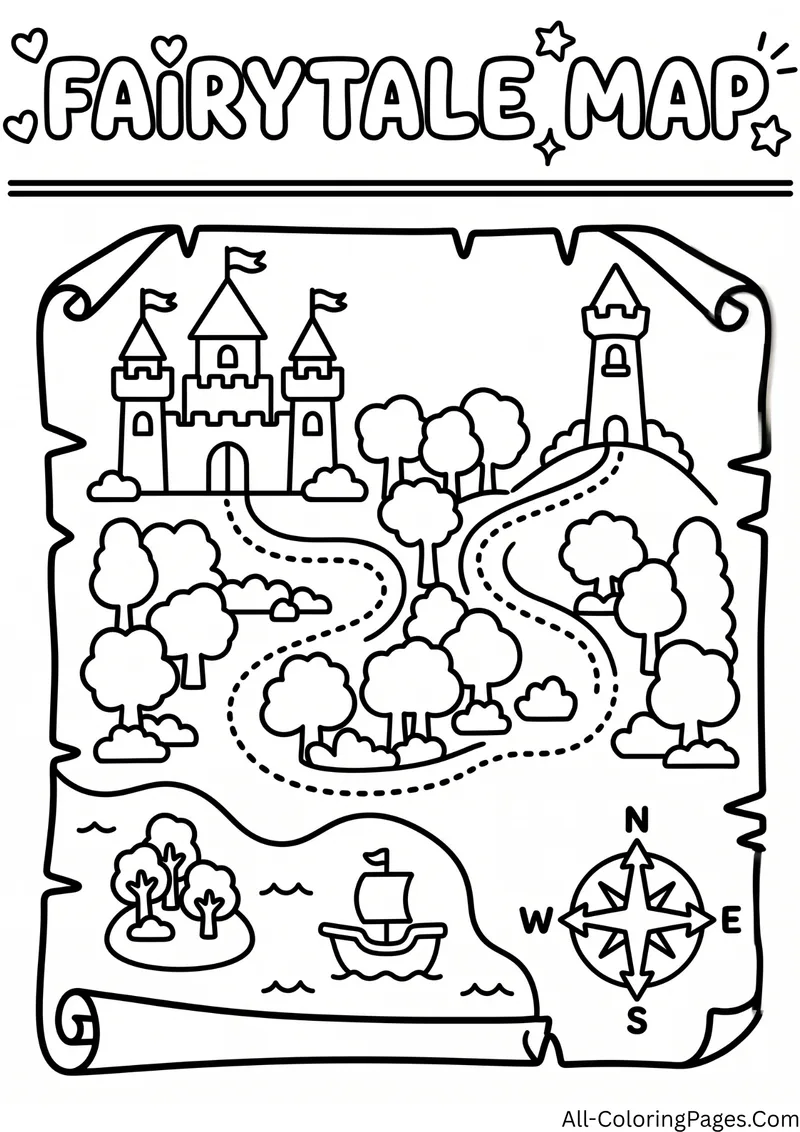 Old scroll map with castles, a forest, dotted paths, a ship and a compass, with the title Fairytale Map