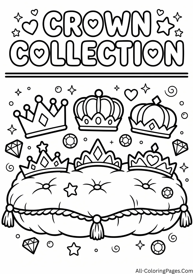 Collection of crowns and tiaras on a tasseled cushion with gems and hearts, with the title Crown Collection