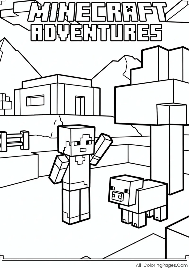 Alex holding a pickaxe beside a sheep and block-built village houses