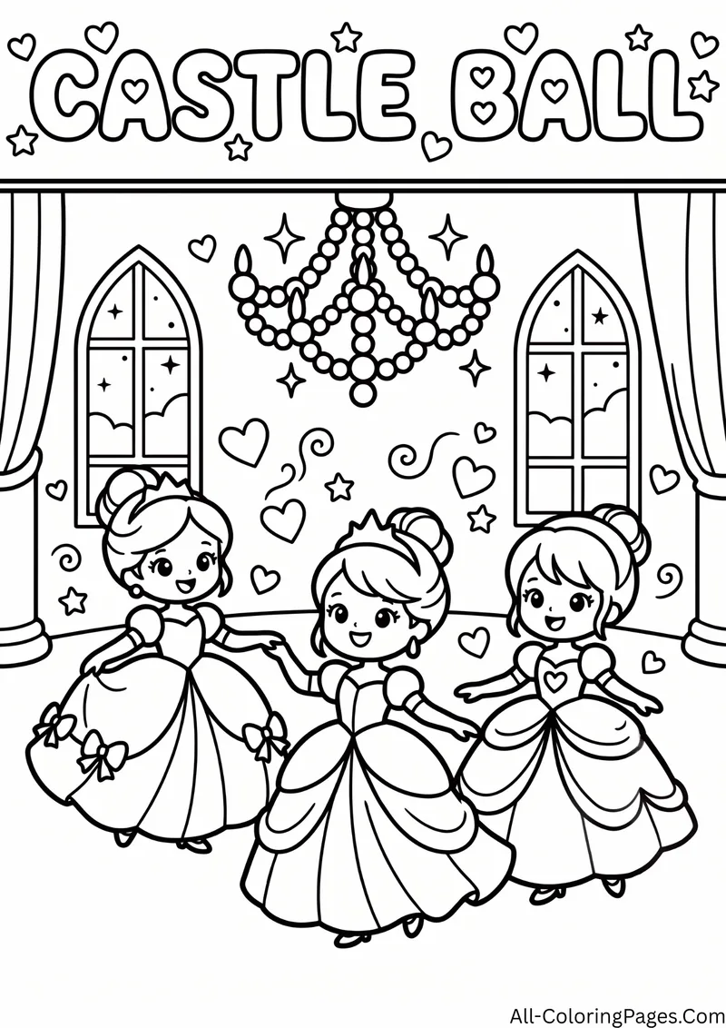 Three princesses in ball gowns dancing in a ballroom with a chandelier and tall windows, with the title Castle Ball