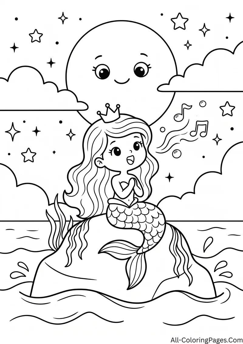 Mermaid princess sitting on a rock in the ocean singing under a smiling full moon and stars