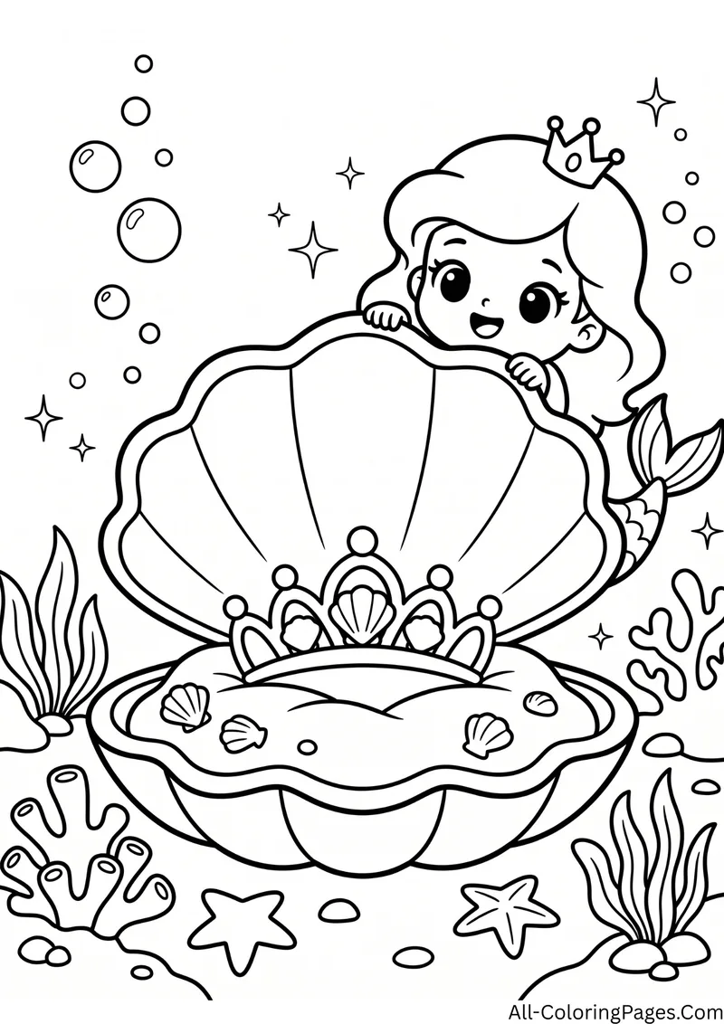 Mermaid peeking over a large open clam shell holding a tiara, with coral, seaweed and starfish