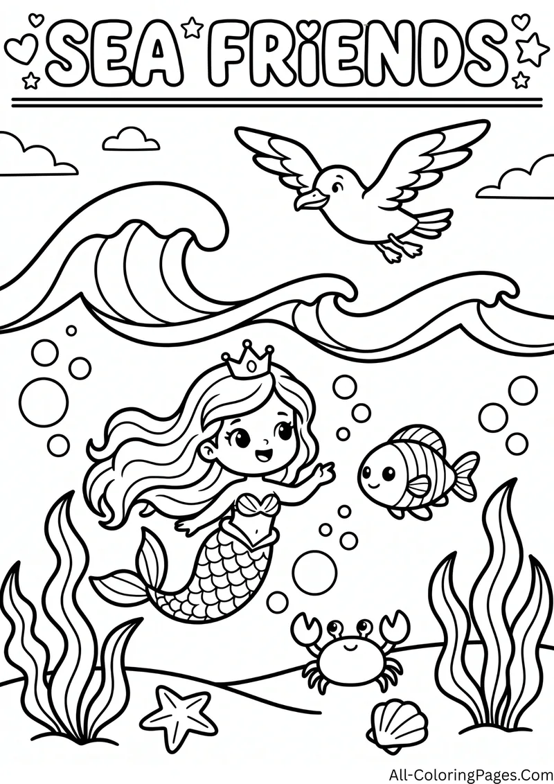 Mermaid princess swimming with a fish and a crab under the waves, with a seagull and the title Sea Friends
