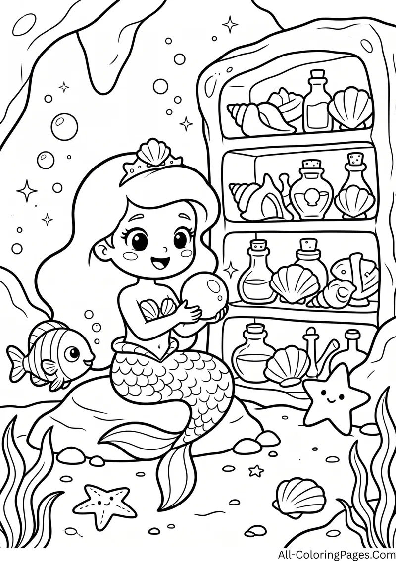 Mermaid holding a pearl in an underwater cave with shelves of bottles and shells, a fish and starfish