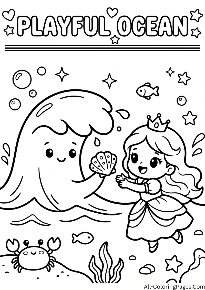 Smiling ocean wave giving a seashell to a princess, with fish, a crab and the title Playful Ocean