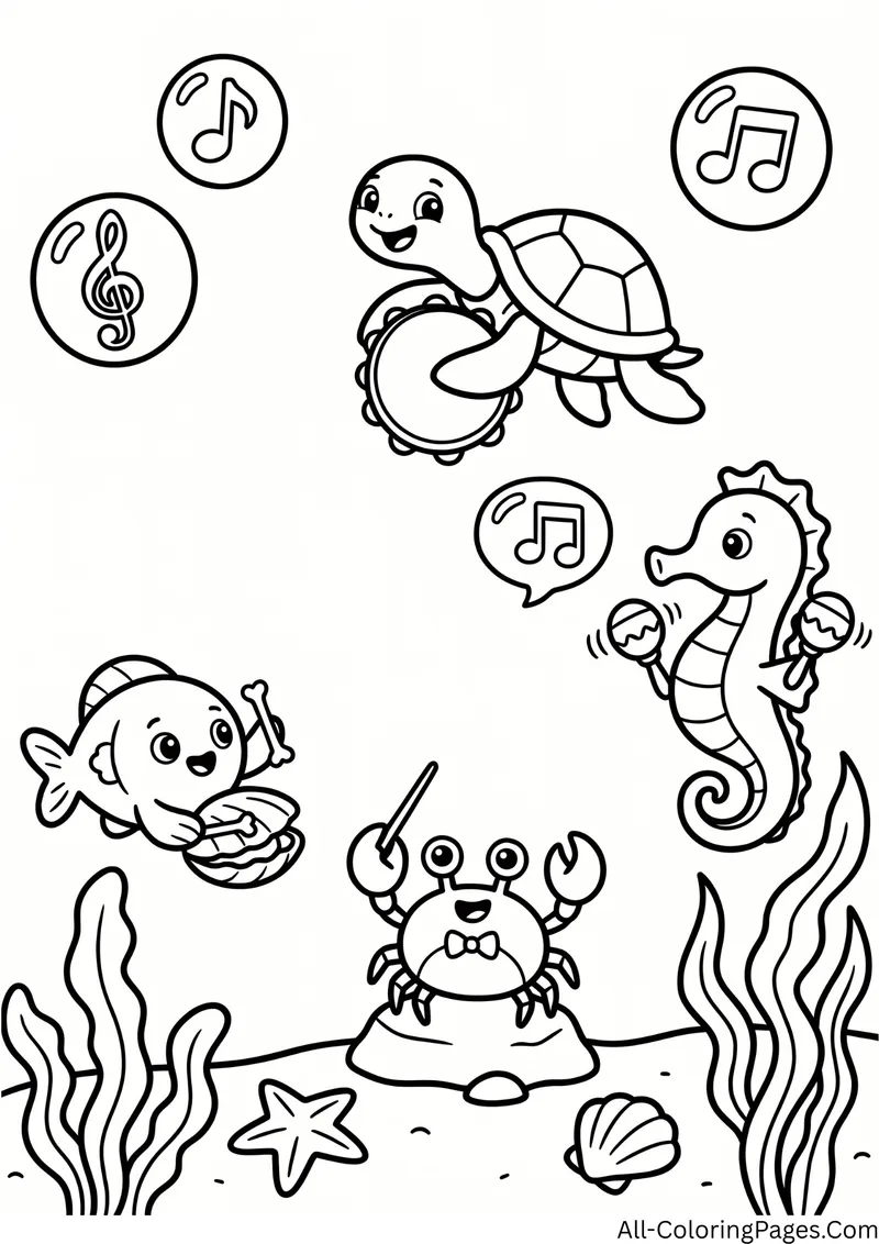 Crab conductor leading a turtle with a tambourine, a seahorse with maracas and a fish, with music notes