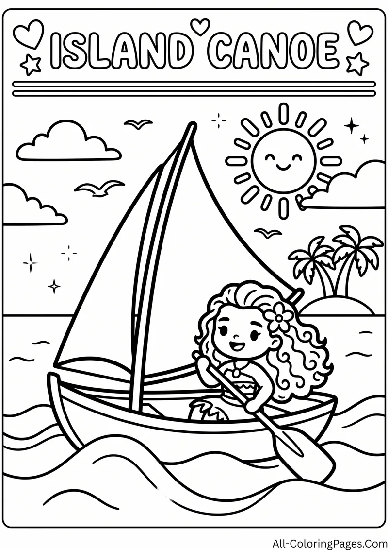 Girl with curly hair paddling a sail canoe toward a tropical island under a smiling sun, with the title Island Canoe