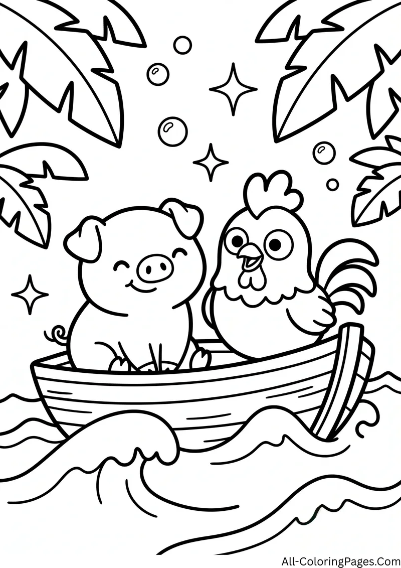Smiling piglet and rooster sitting in a wooden boat on ocean waves with palm leaves