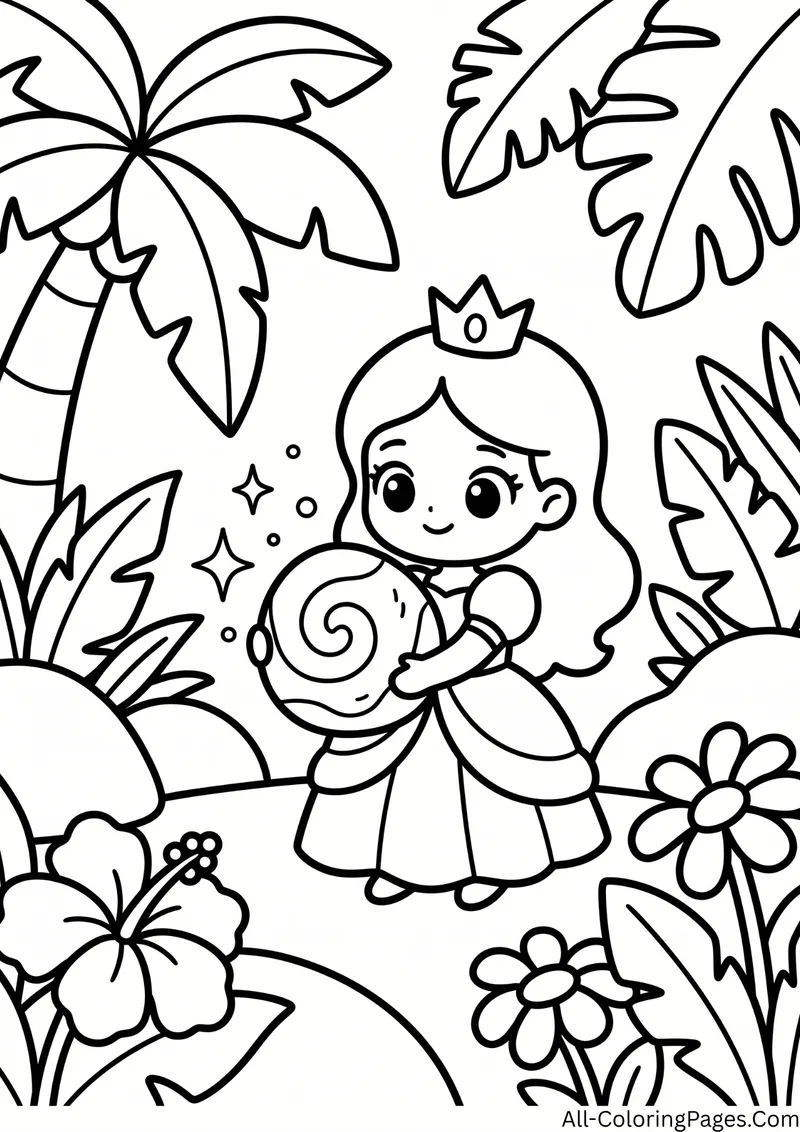 Princess holding a round stone with a spiral design among tropical plants and flowers