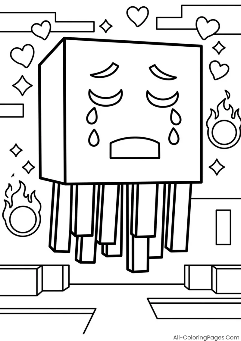 A tearful Ghast floating among flames, clouds and hearts