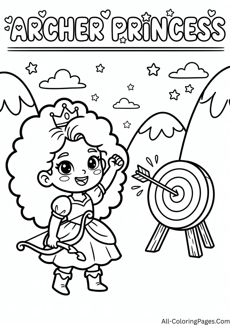 Princess with curly hair holding a bow next to a target with an arrow in the center, with the title Archer Princess