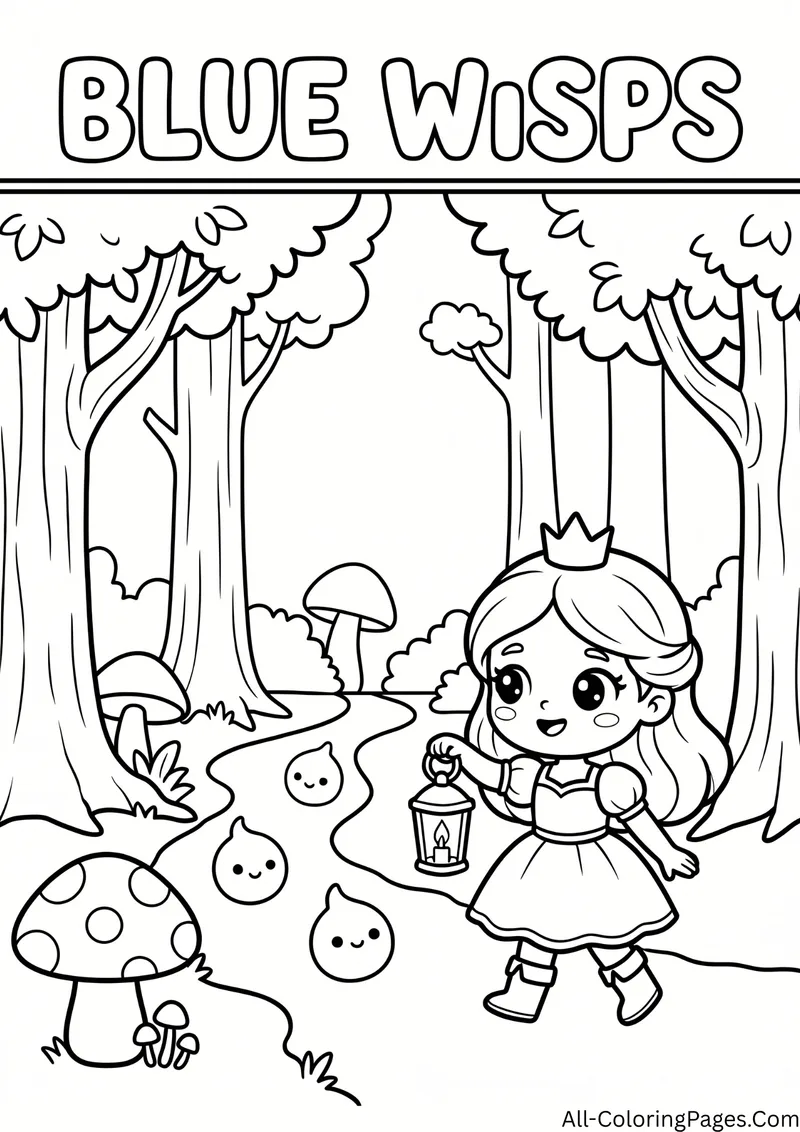 Princess holding a lantern following small smiling wisps along a forest path with mushrooms, with the title Blue Wisps