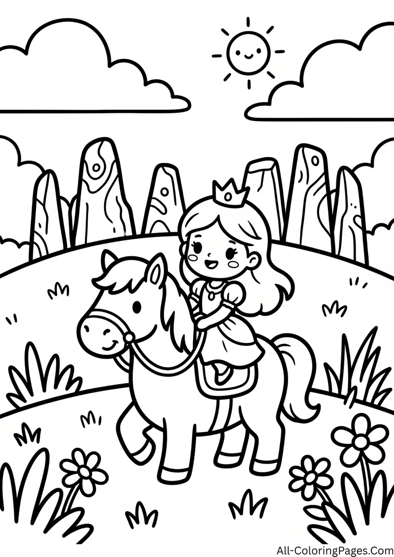 Princess riding a pony past a circle of tall standing stones under a smiling sun