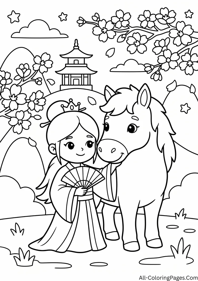 Princess in a robe holding a fan next to a horse, with cherry blossoms and a pagoda