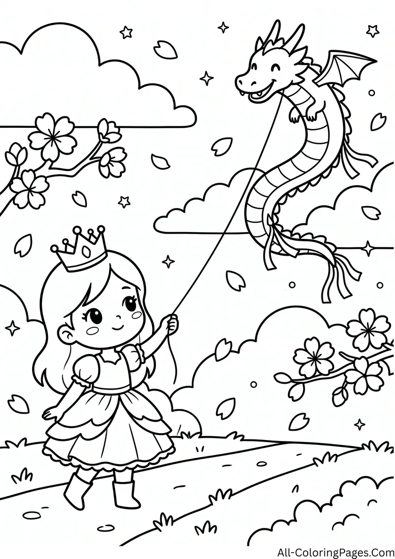 Princess flying a dragon shaped kite with cherry blossoms and clouds
