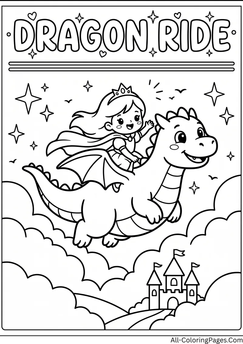 Princess riding a smiling dragon above the clouds with a small castle below, with the title Dragon Ride