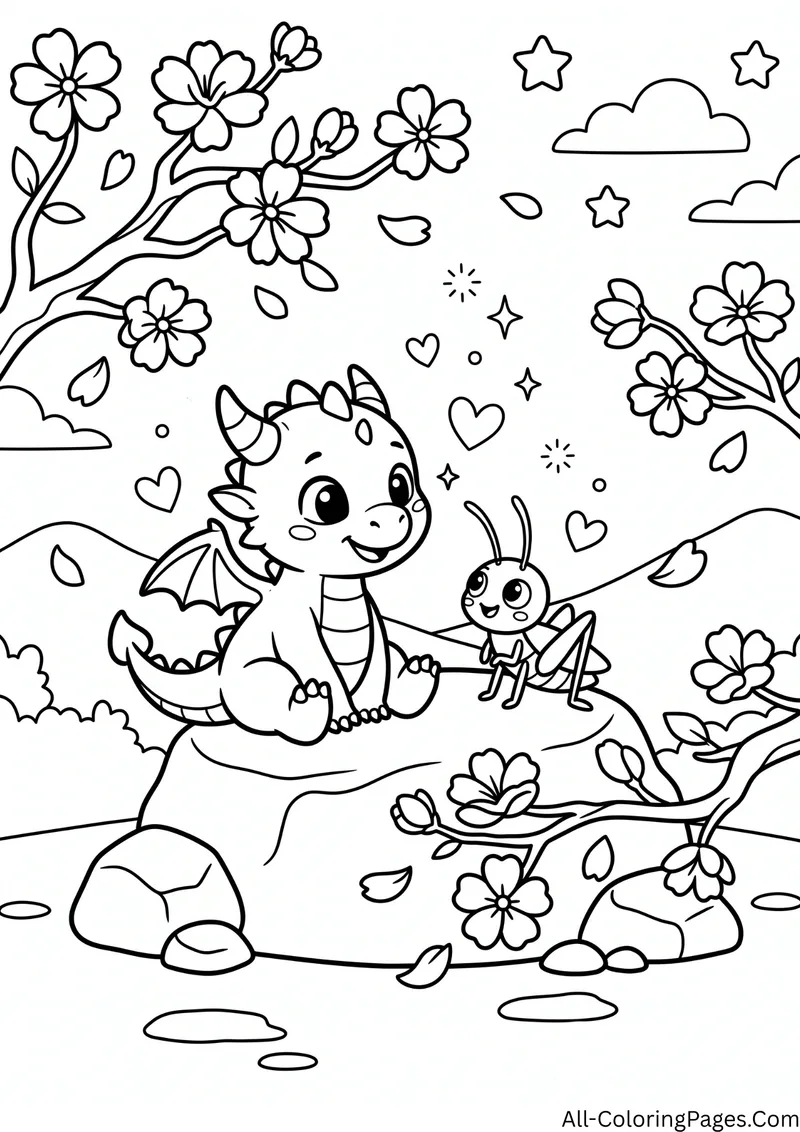 Baby dragon sitting on a rock with a cricket beside it, under cherry blossom branches