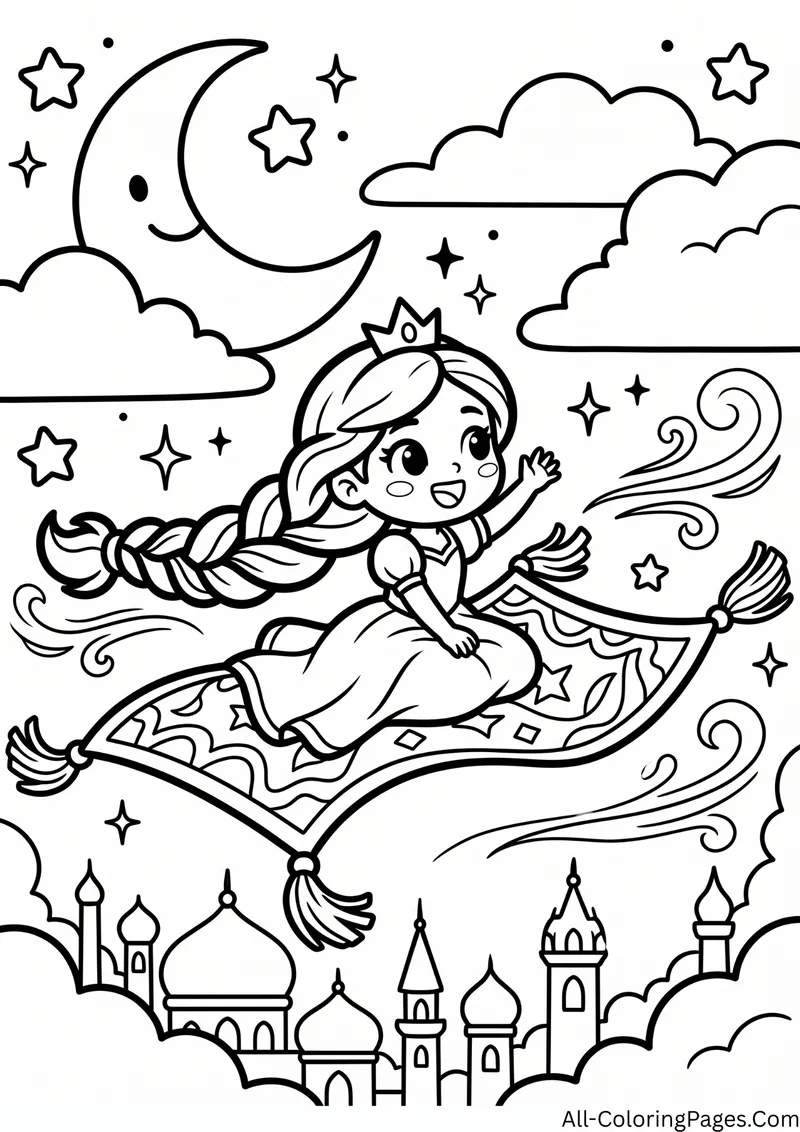 Princess with a long braid riding a flying carpet over palace domes under a crescent moon