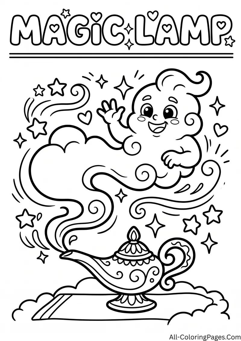 Smiling genie made of swirling smoke rising out of a magic oil lamp, with stars and the title Magic Lamp