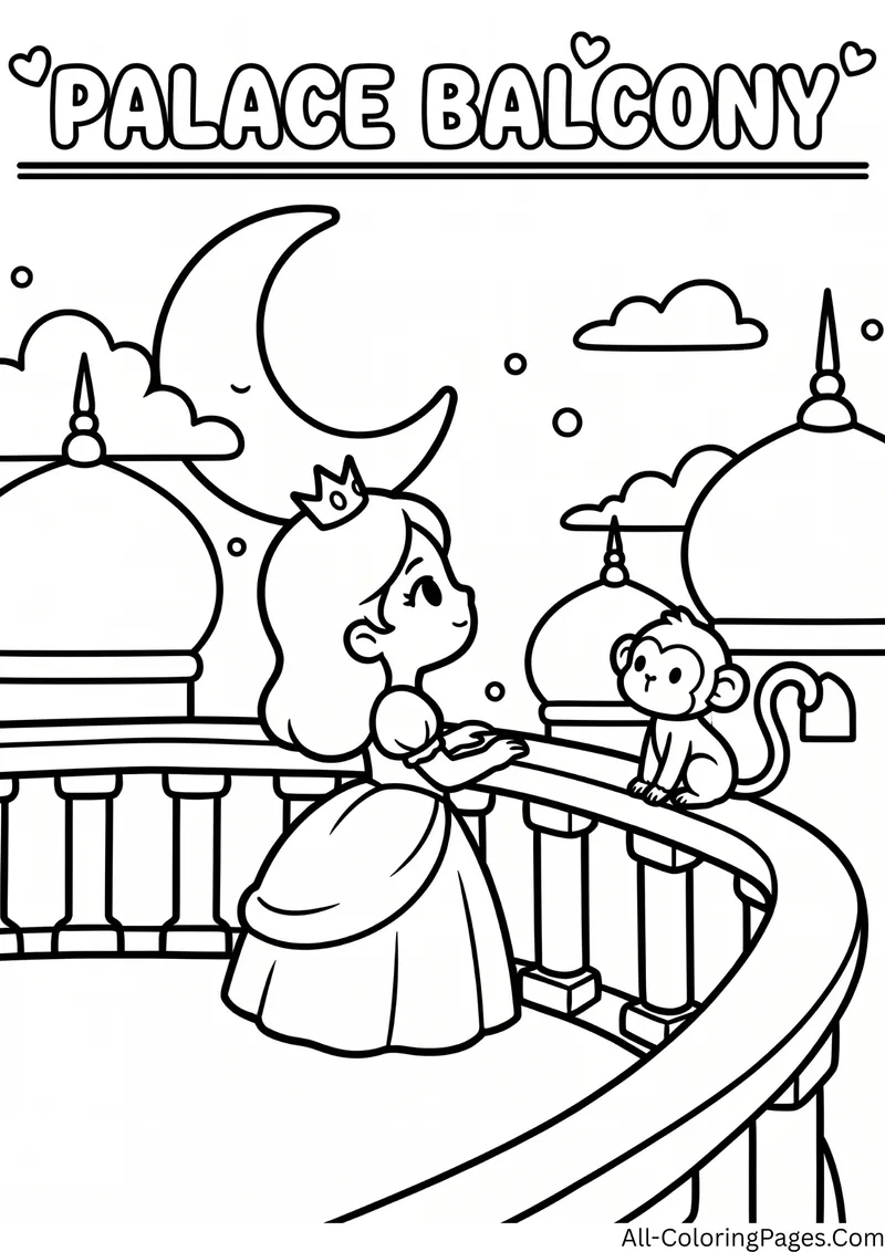 Princess standing on a palace balcony with a monkey, with domes and a crescent moon, and the title Palace Balcony