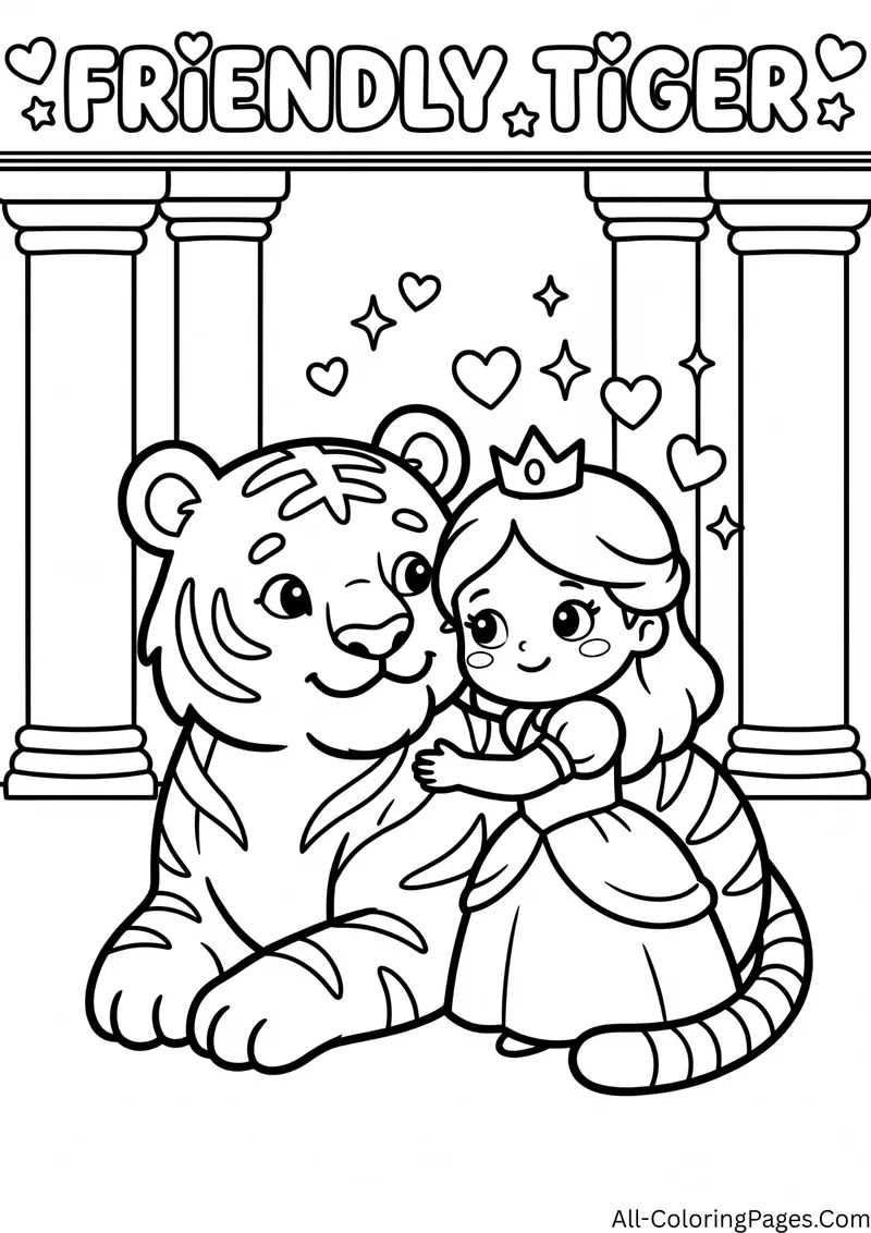 Princess hugging a large friendly tiger between palace columns, with hearts and the title Friendly Tiger