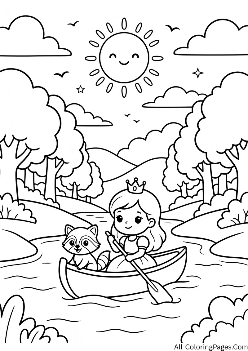 Princess paddling a canoe on a river with a raccoon, with trees, hills and a smiling sun