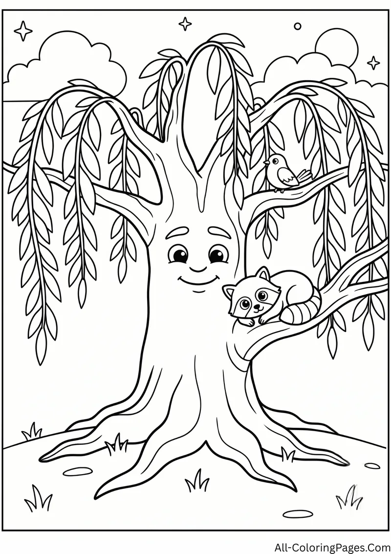 Willow tree with a friendly face and a raccoon sitting in its branches, inside a frame