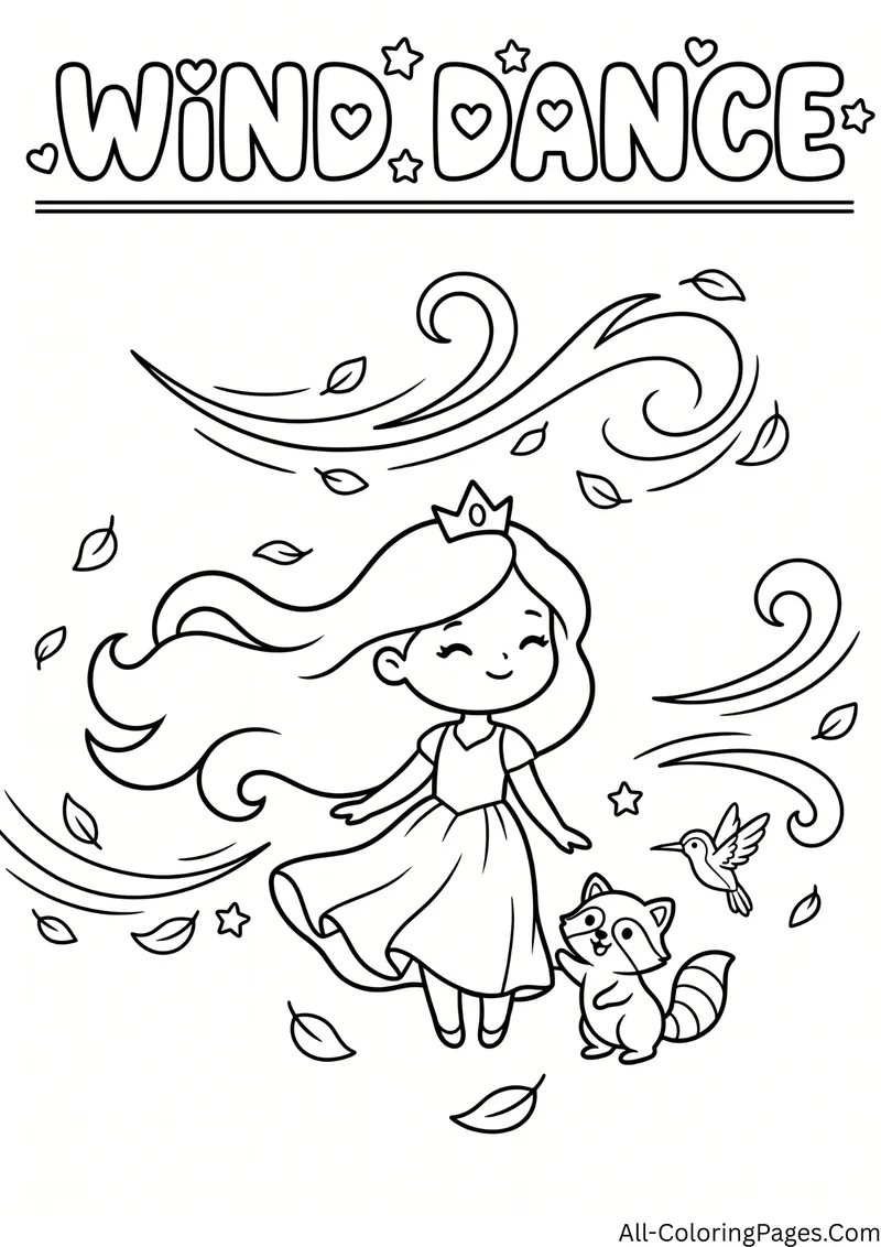 Princess dancing in swirling wind with leaves, a raccoon and a hummingbird, with the title Wind Dance