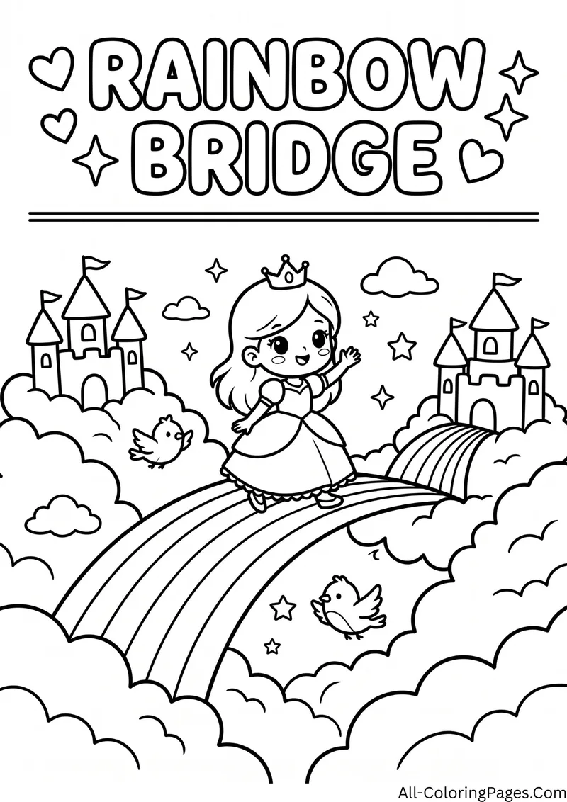 Princess walking across a rainbow bridge between two cloud castles with birds, with the title Rainbow Bridge