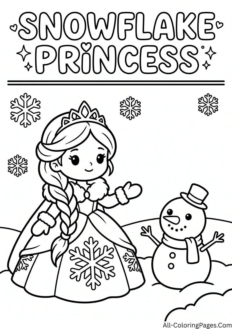 Princess with a braid and a snowflake gown waving at a snowman, with snowflakes and the title Snowflake Princess