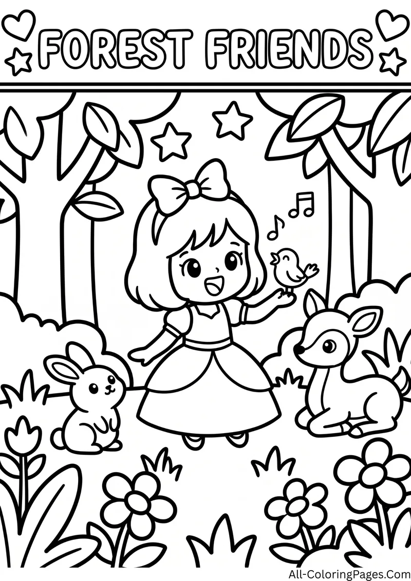 Princess with a hair bow singing to a bird with a bunny and a deer among flowers, with the title Forest Friends