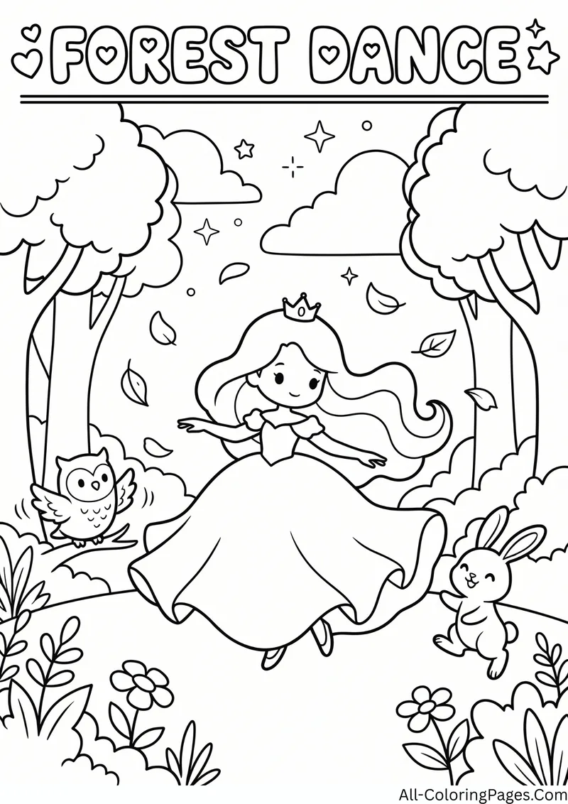 Princess twirling in a forest with an owl and a bunny, with flowers and the title Forest Dance