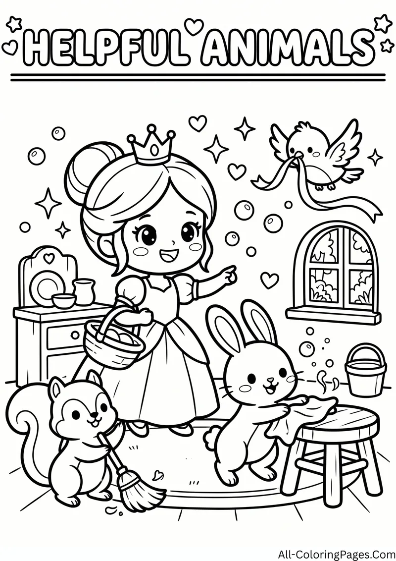 Princess holding a basket while a squirrel sweeps, a bunny cleans and birds help in a cottage, with the title Helpful Animals