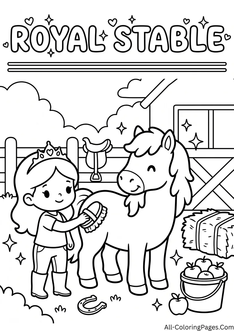 Princess brushing a pony in a stable with hay, a bucket of apples and a horseshoe, with the title Royal Stable