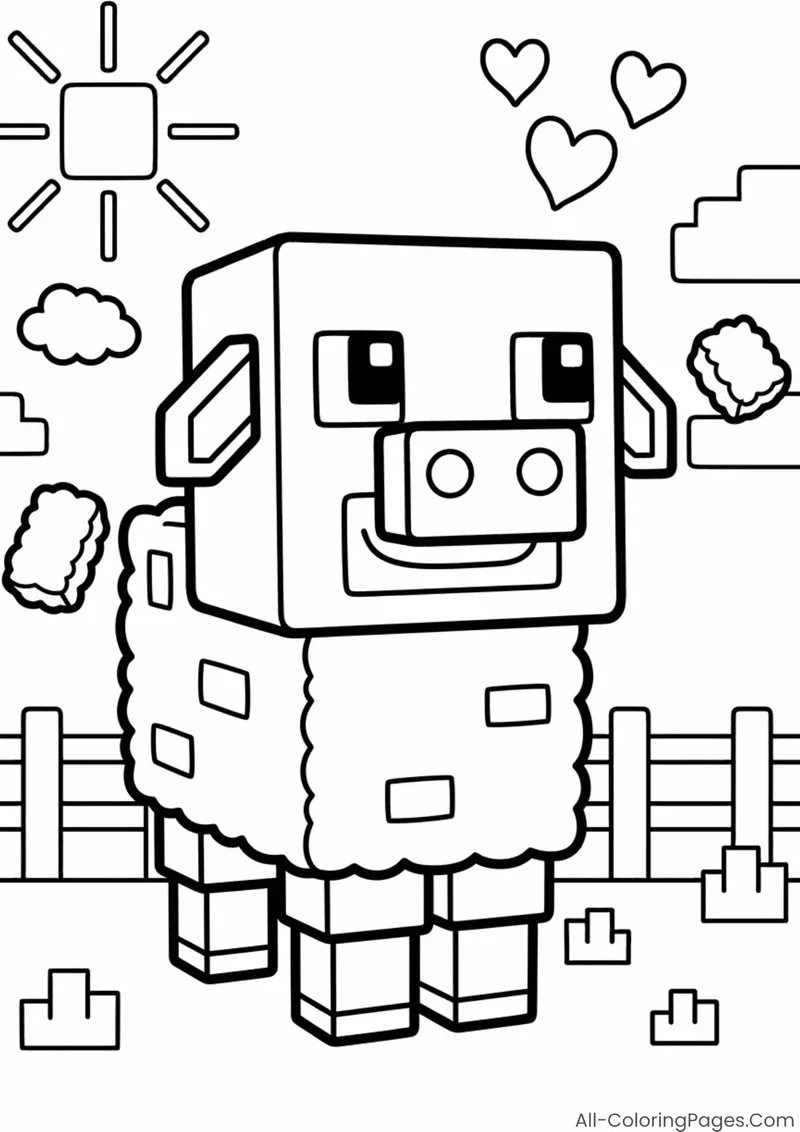 A smiling woolly sheep beside a fence under a square sun