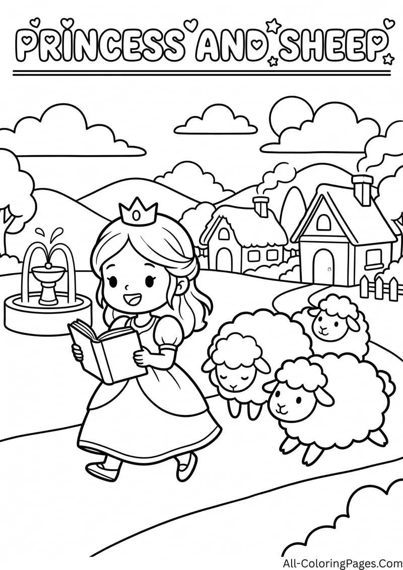 Princess reading a book while walking through a village with sheep, a fountain and houses, with the title Princess and Sheep