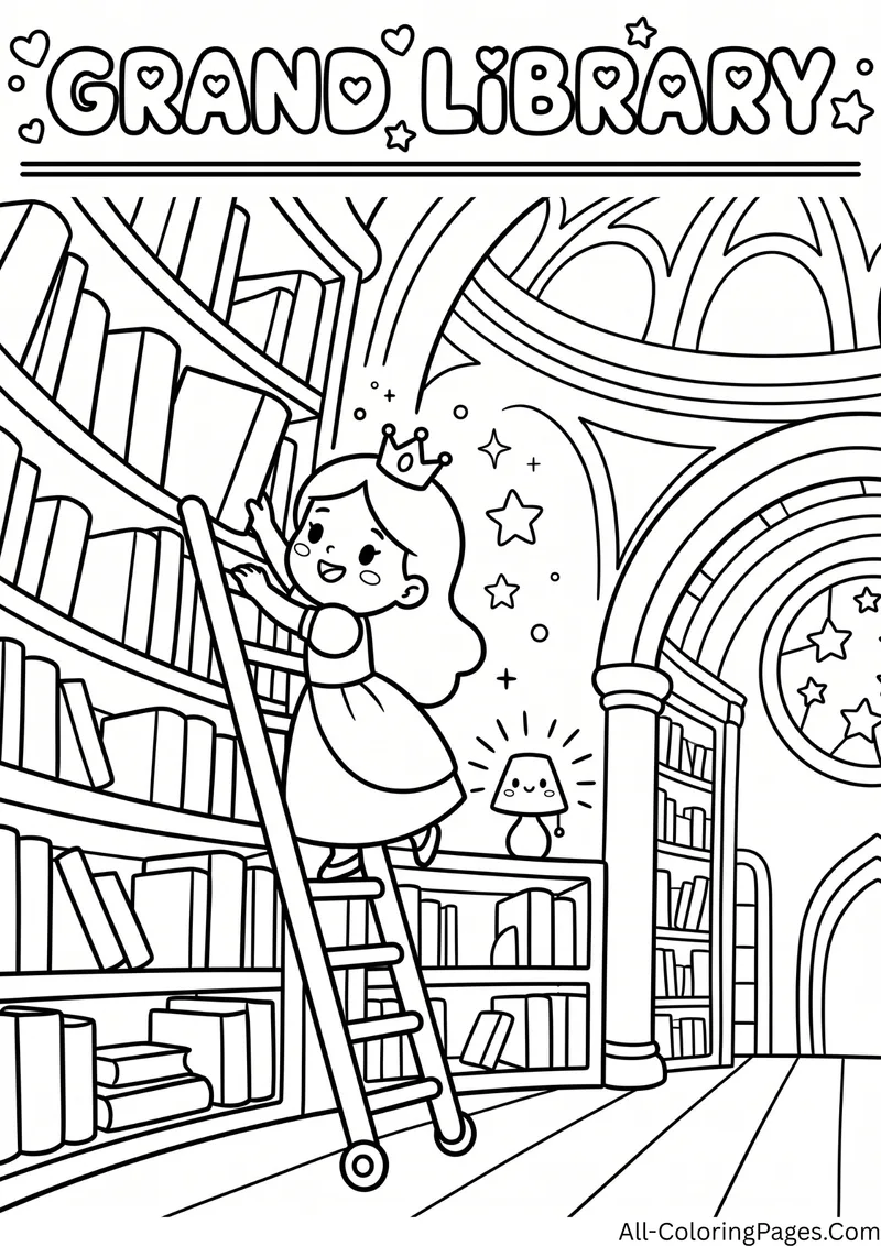 Princess on a rolling ladder in a large library with tall bookshelves, with the title Grand Library
