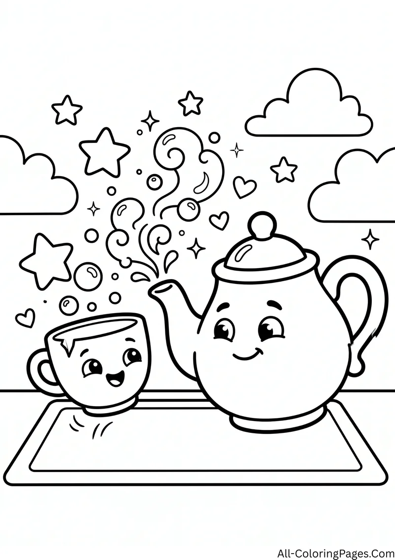 Smiling teapot and a small smiling teacup on a tray, with bubbles, swirls and stars