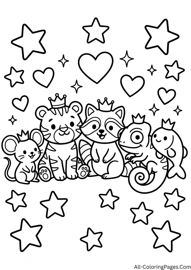 Row of animal friends wearing crowns, including a mouse, a tiger, a raccoon, a chameleon and a fish, with stars and hearts