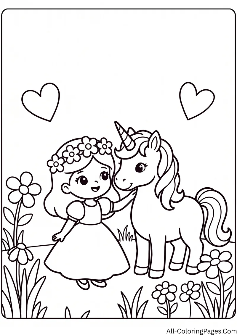Princess with a flower crown standing beside a unicorn in a flower meadow with hearts, inside a frame
