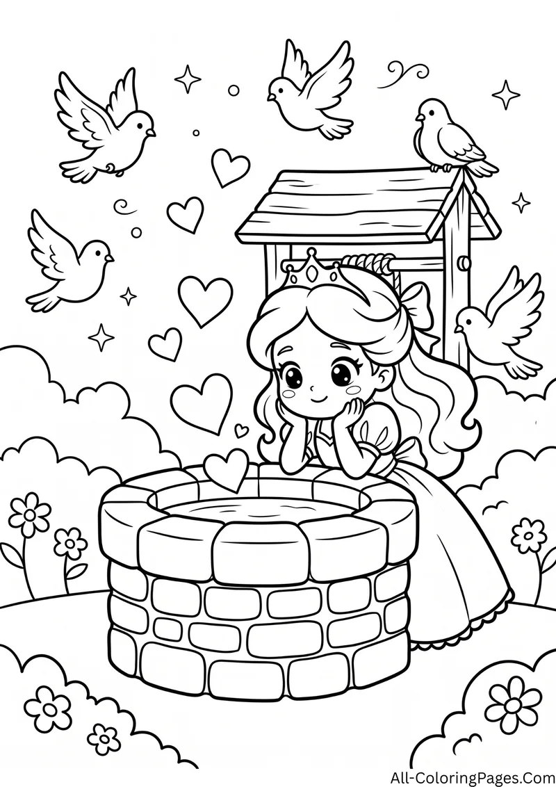 Princess leaning on a stone wishing well with doves and hearts around