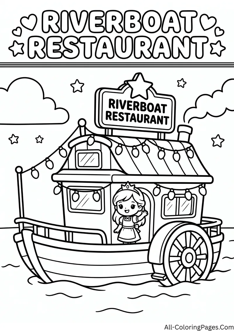 Paddle wheel riverboat restaurant with string lights and a sign, with a princess at the door and the title Riverboat Restaurant