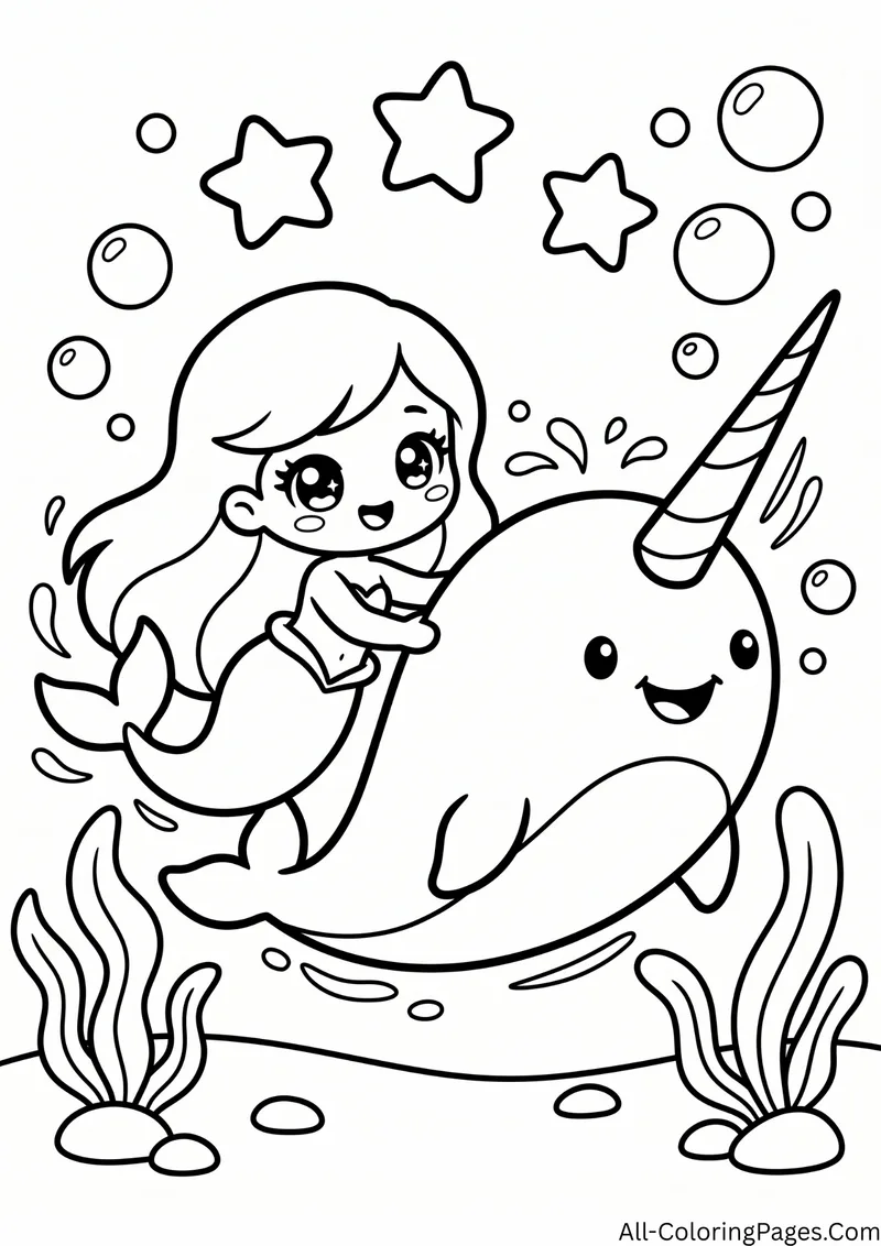 Mermaid riding on the back of a smiling narwhal among bubbles, stars and seaweed