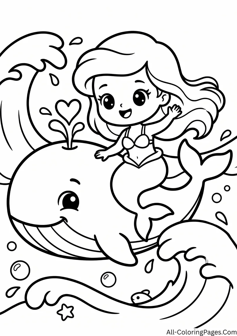 Mermaid riding a smiling whale that sprays a heart shaped spout, with waves