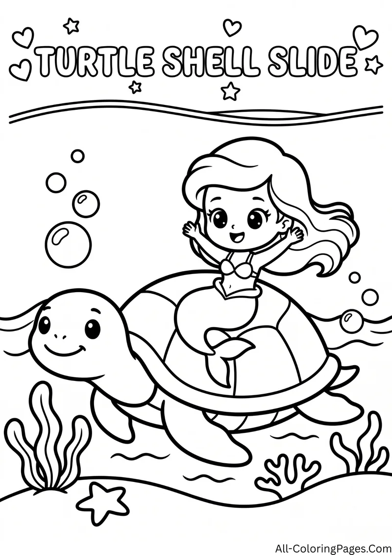 Mermaid riding on the shell of a smiling sea turtle with bubbles and seaweed, with the title Turtle Shell Slide
