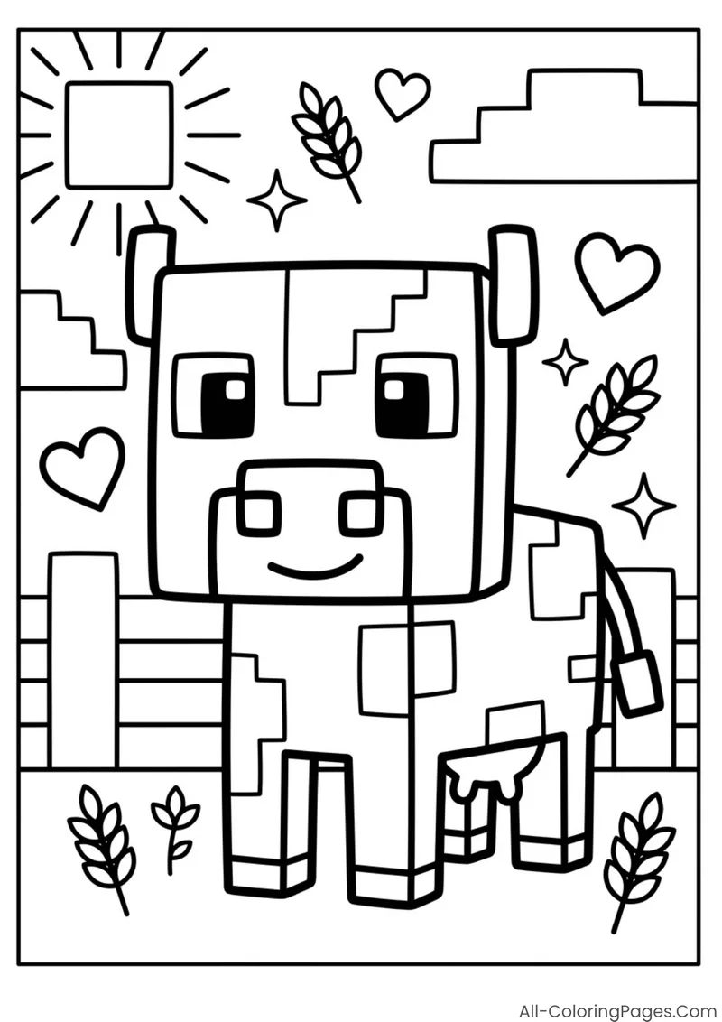 A blocky cow standing near a fence with wheat sprigs around it