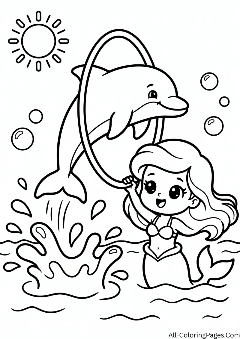 Dolphin jumping through a hoop held by a mermaid in the water, with a sun and splashes
