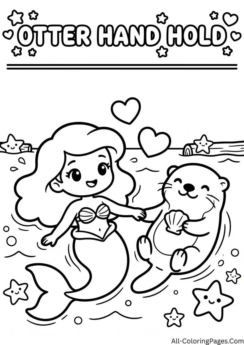 Mermaid holding hands with a sea otter floating on the water, with hearts and starfish, and the title Otter Hand Hold